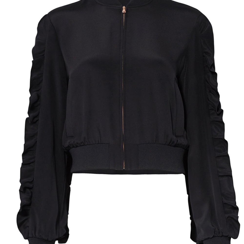 Tibi black silk ruffle bomber jacket